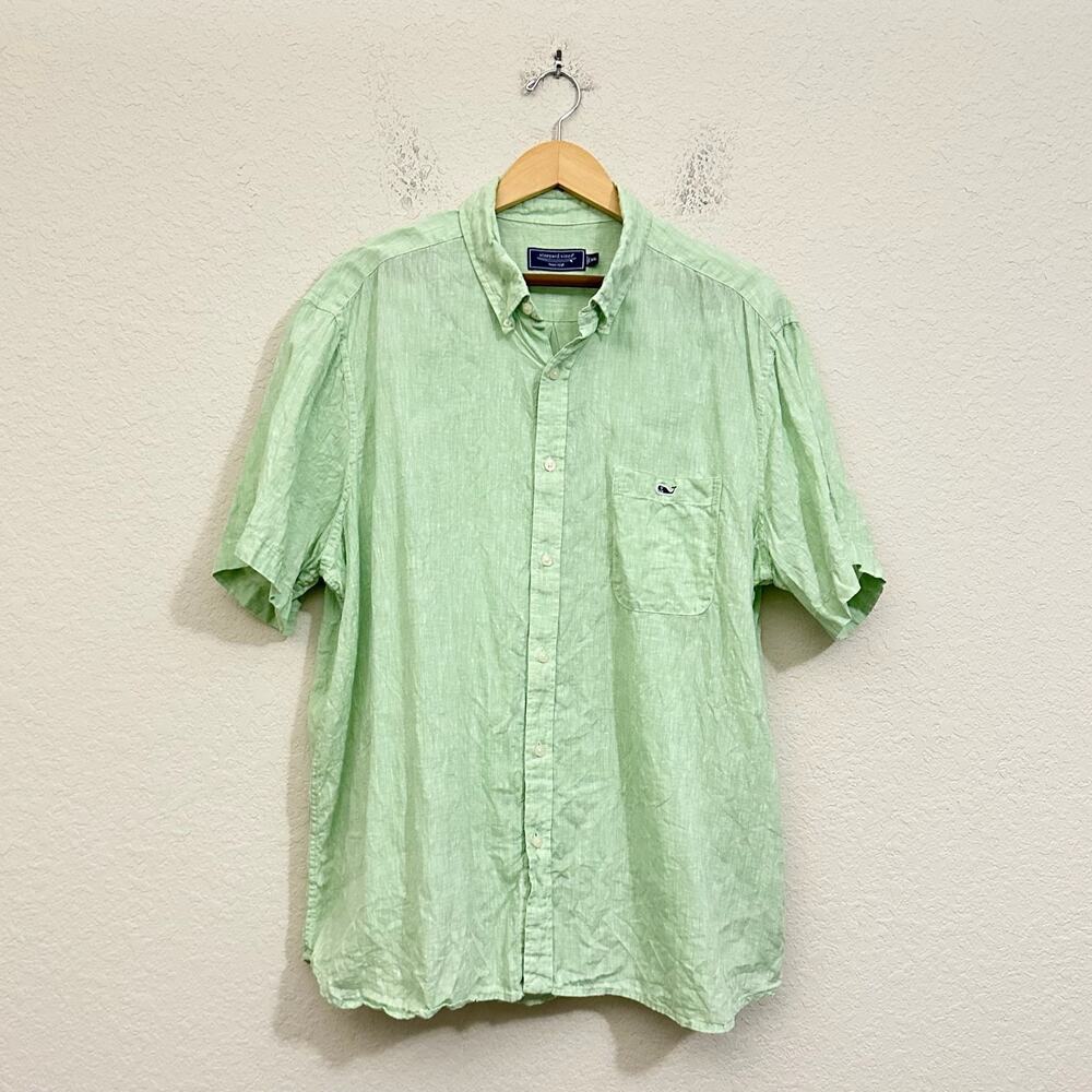 VINEYARD VINES Shirt Green Linen Woven Button Down SS Preppy Beach